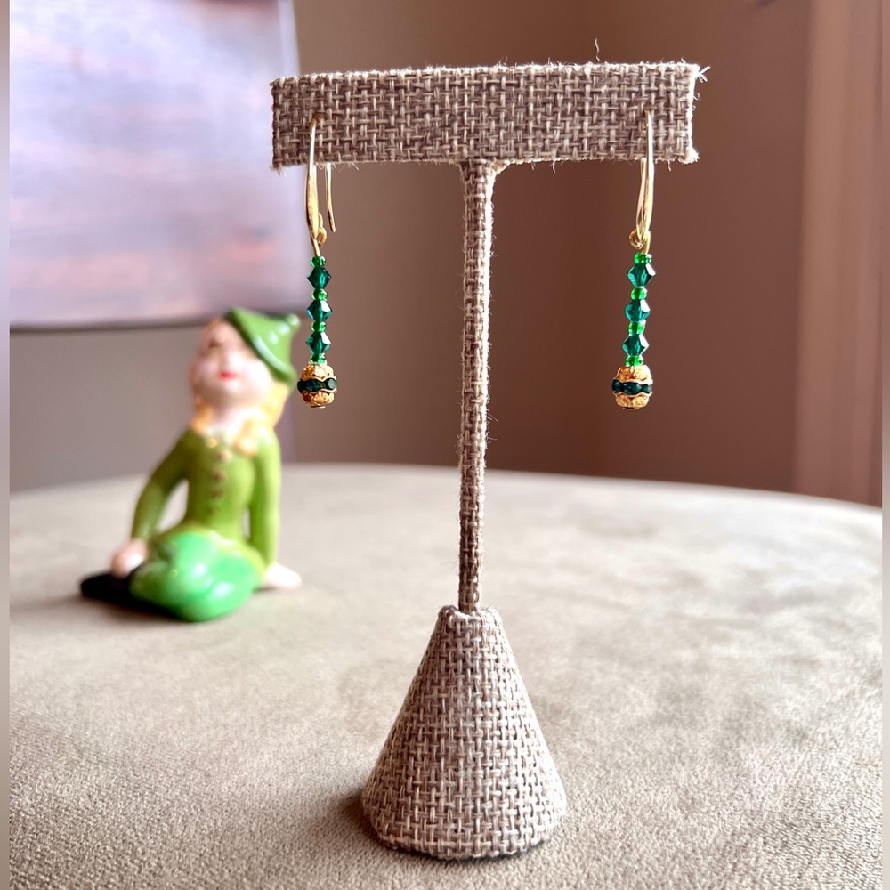 Handmade 18KT Gold Plated Green Crystal Beaded Drop Earrings